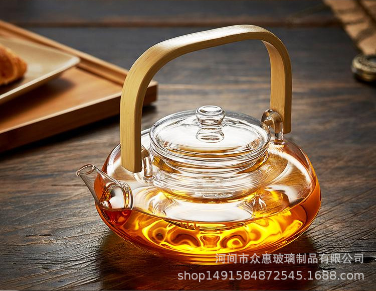 Heat-resistant glass bamboo handle filter teapot, high temperature resistant for electric ceramic stove, kettle with handle for boiling tea