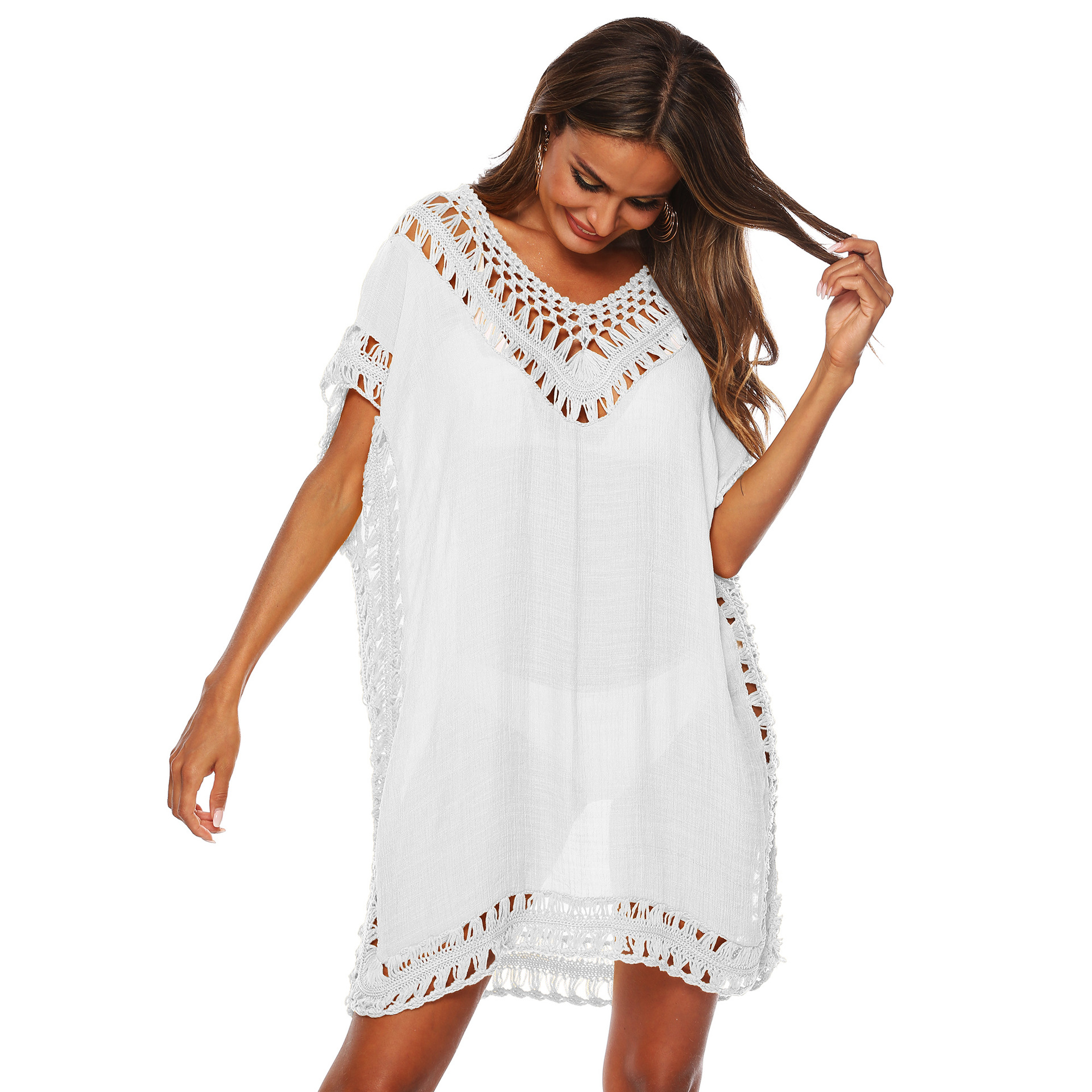Women's V-Neck Hand-Crocheted Cover-Up Sexy Cutout Loose Beach Cover-Up Dress 1965 Ten Colors Available