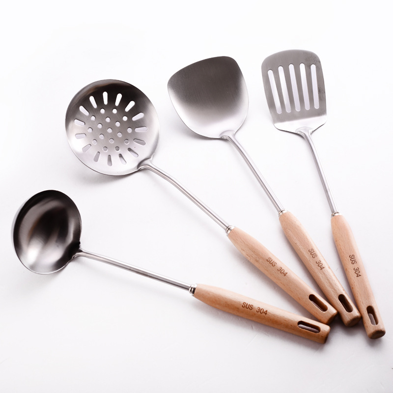 304 stainless steel kitchen utensil set, beech wood handle, cooking spatula, slotted spoon, cooking spatula, gift with custom logo