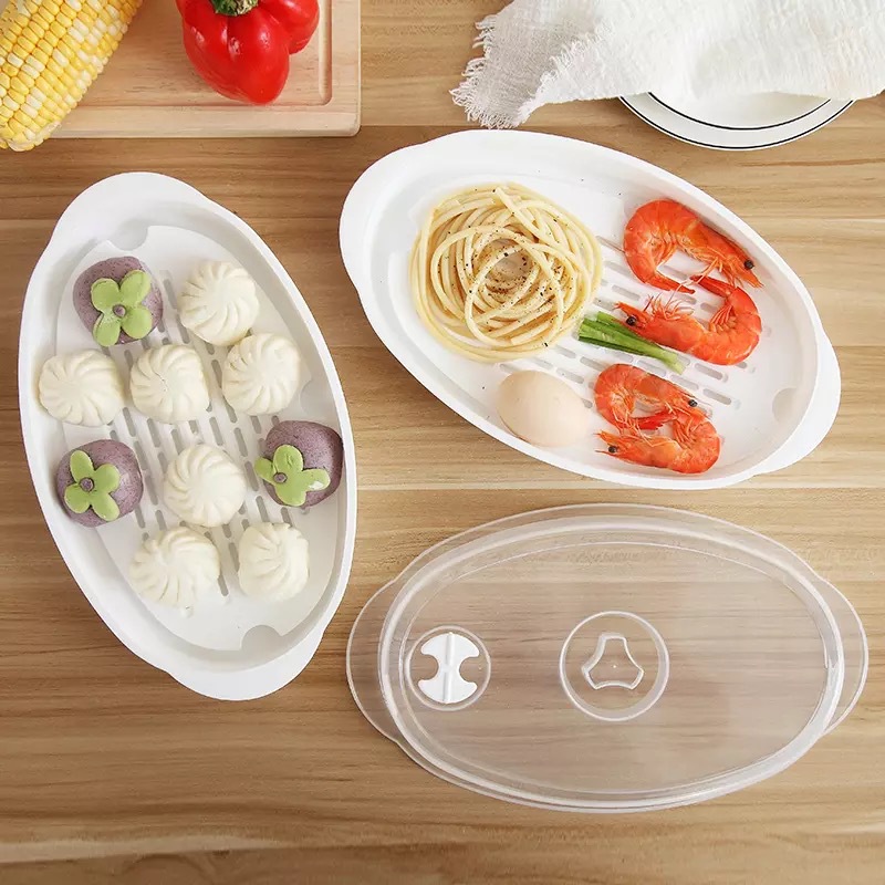 Food-grade large fish steaming plate, microwave-safe with lid, steamer basket, plastic steamer, microwave accessories