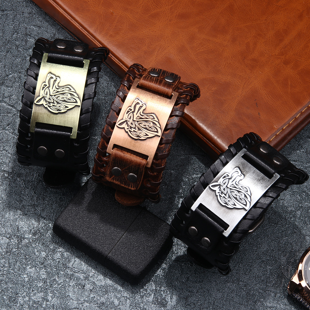 Men's Alloy Wolf Head Accessories Wide Leather Bracelet New Woven Bracelet Cowhide Bracelet