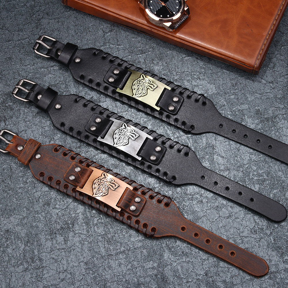 Men's Alloy Wolf Head Accessories Wide Leather Bracelet New Woven Bracelet Cowhide Bracelet