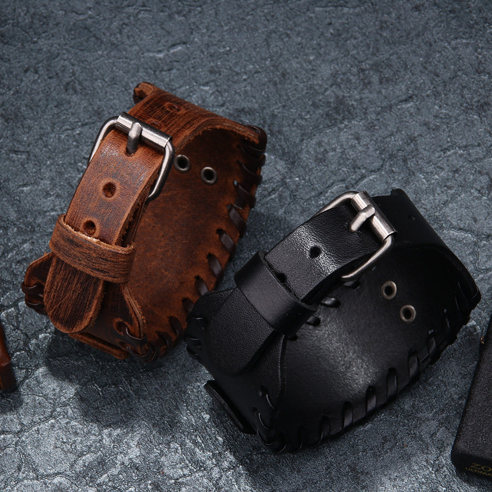 Men's Alloy Wolf Head Accessories Wide Leather Bracelet New Woven Bracelet Cowhide Bracelet