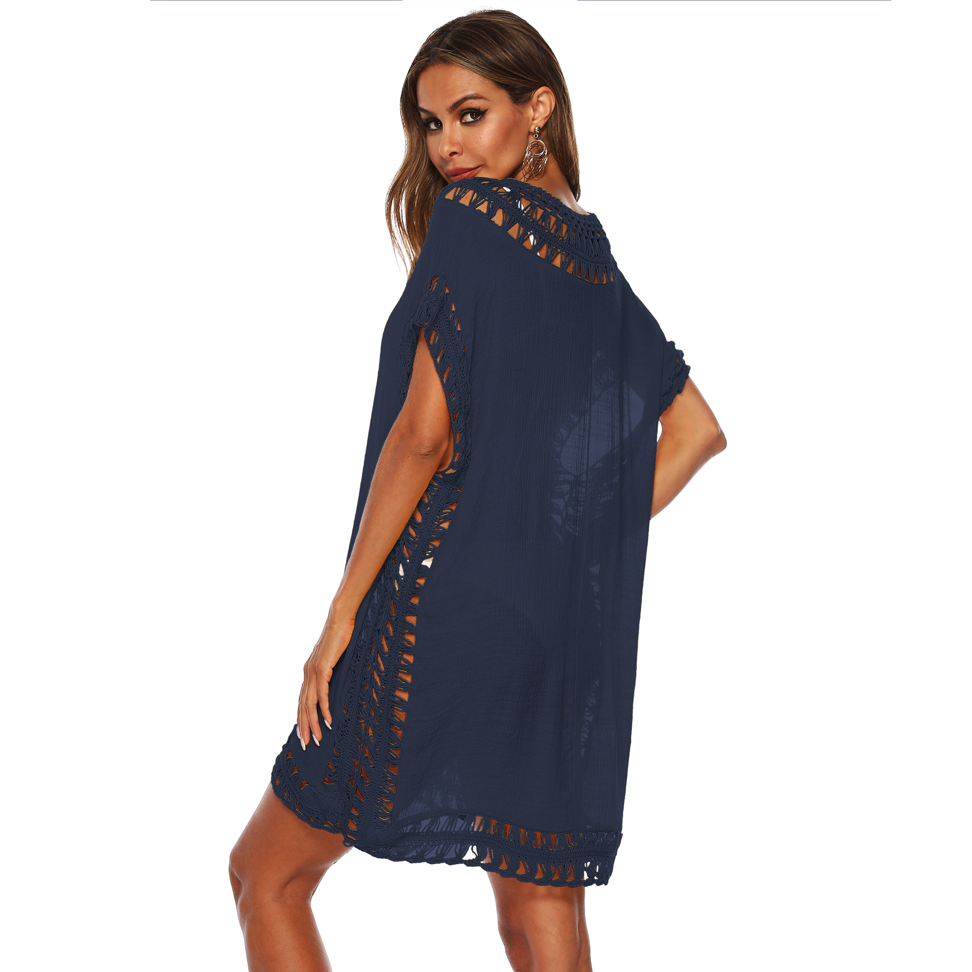 Women's V-Neck Hand-Crocheted Cover-Up Sexy Cutout Loose Beach Cover-Up Dress 1965 Ten Colors Available