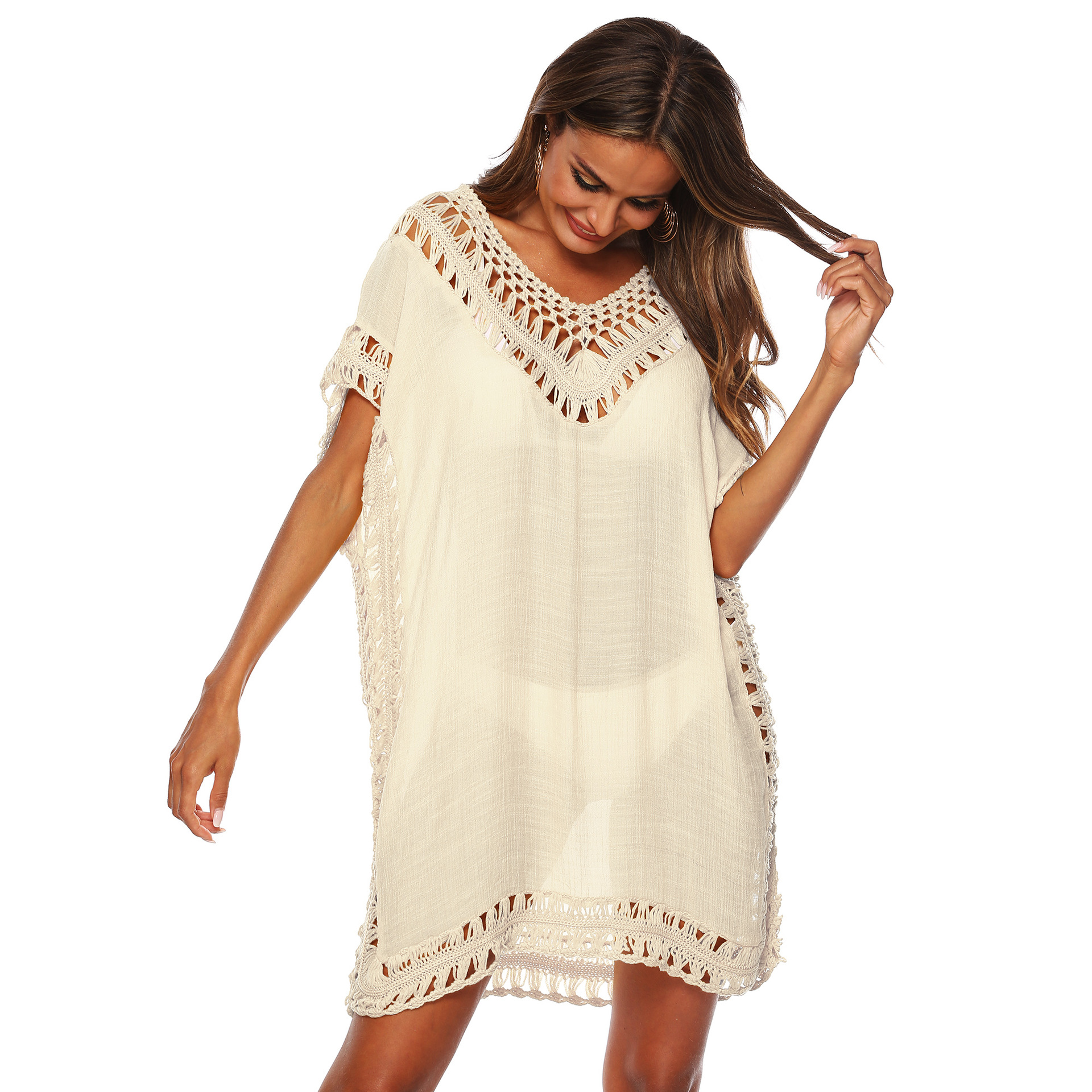 Women's V-Neck Hand-Crocheted Cover-Up Sexy Cutout Loose Beach Cover-Up Dress 1965 Ten Colors Available
