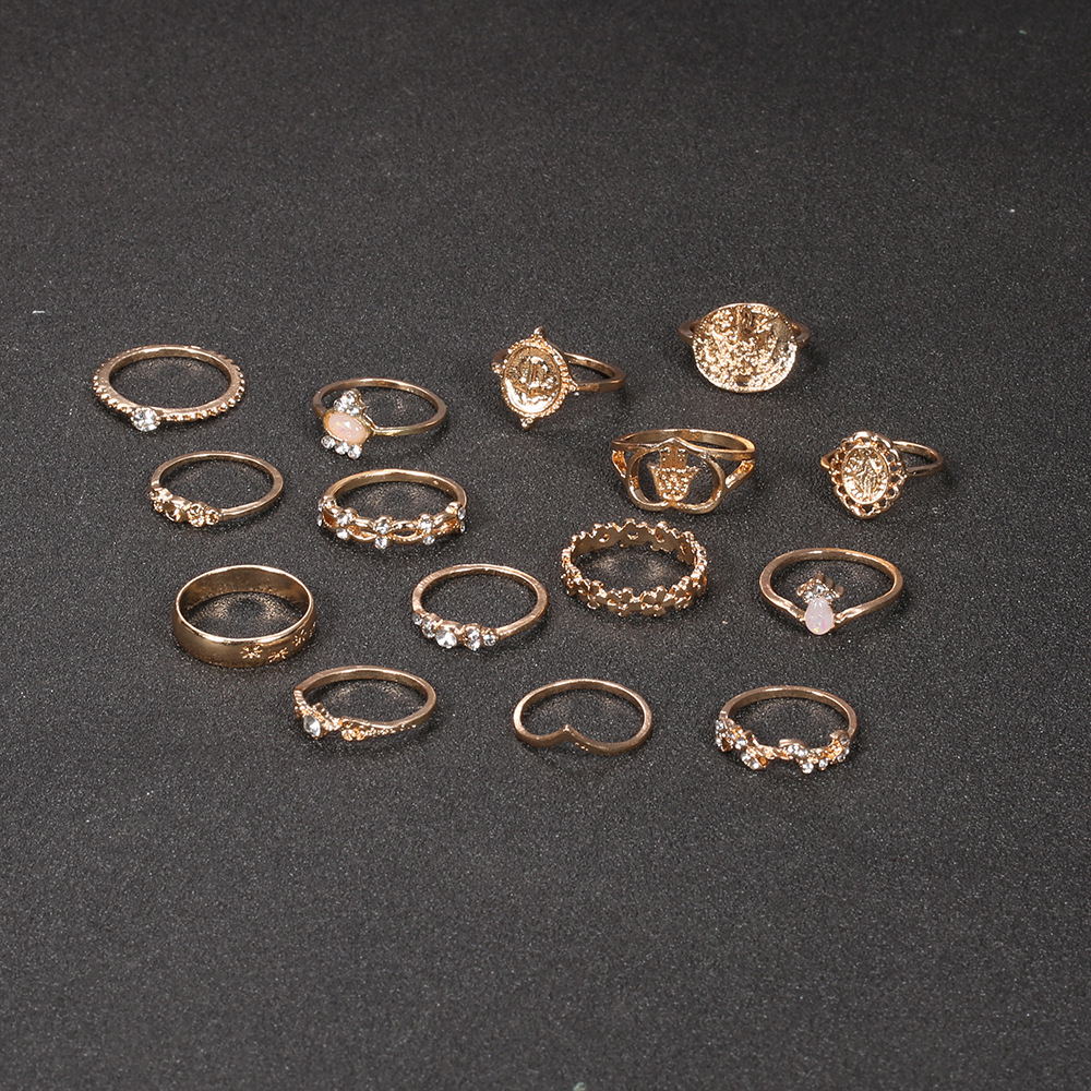 Beauty Head Coin Gold Cross Pattern Love Heart Fatima's Hand Ring 15-Piece Set