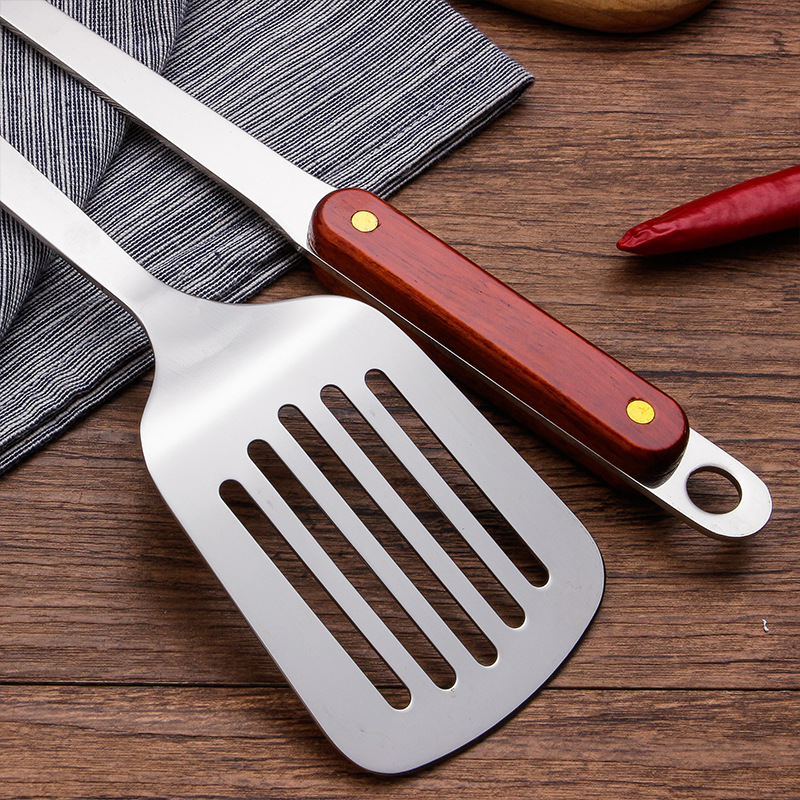 Thickened stainless steel wooden handle soup spoon, spatula, kitchen utensils, kitchenware set, spatula, high temperature resistant, home use