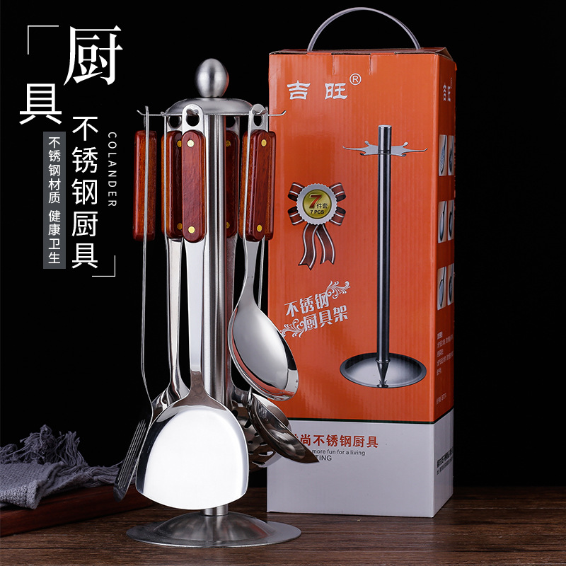 Thickened stainless steel wooden handle soup spoon, spatula, kitchen utensils, kitchenware set, spatula, high temperature resistant, home use