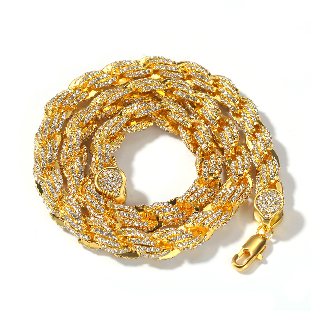Hip Hop Alloy Diamond 9mm Gold Twist Chain New Exaggerated Men's Necklace Multiple Sizes