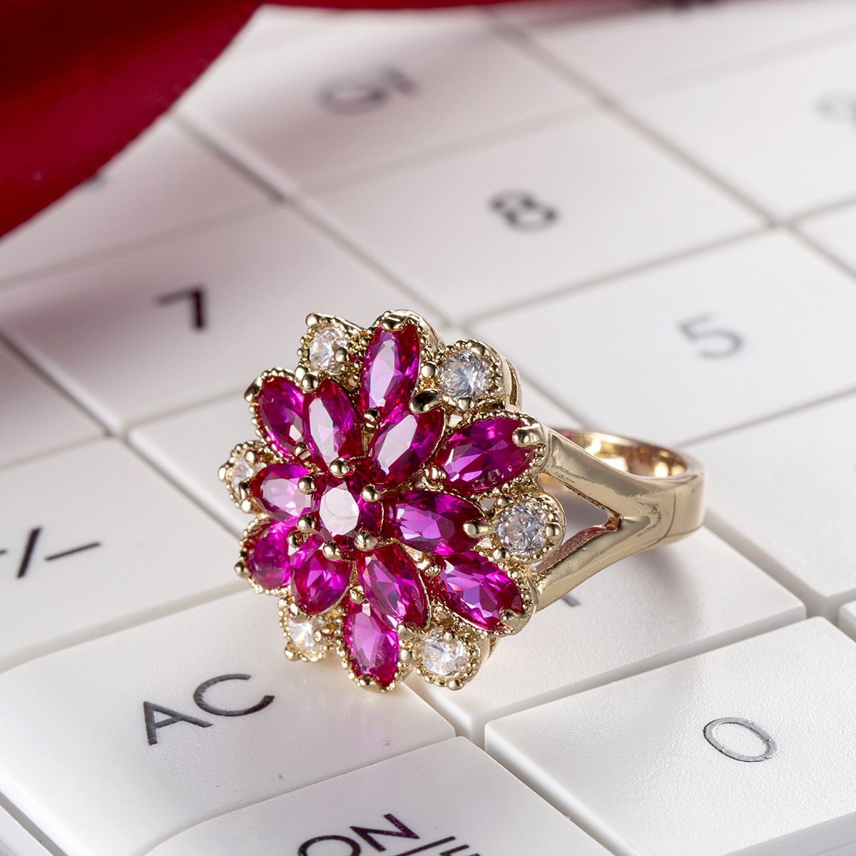 Copper Plated Real Gold Red Corundum Large Flower Ring Women's Zircon Jewelry
