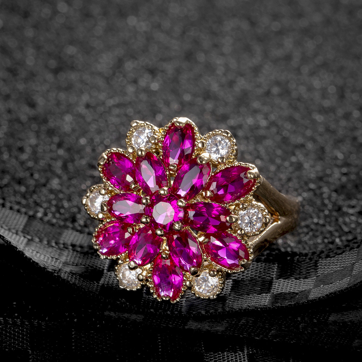 Copper Plated Real Gold Red Corundum Large Flower Ring Women's Zircon Jewelry