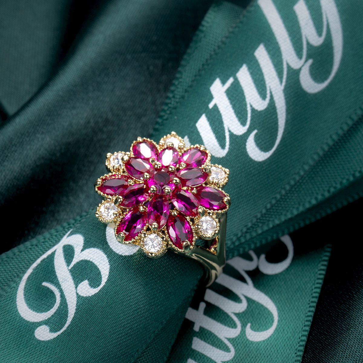 Copper Plated Real Gold Red Corundum Large Flower Ring Women's Zircon Jewelry