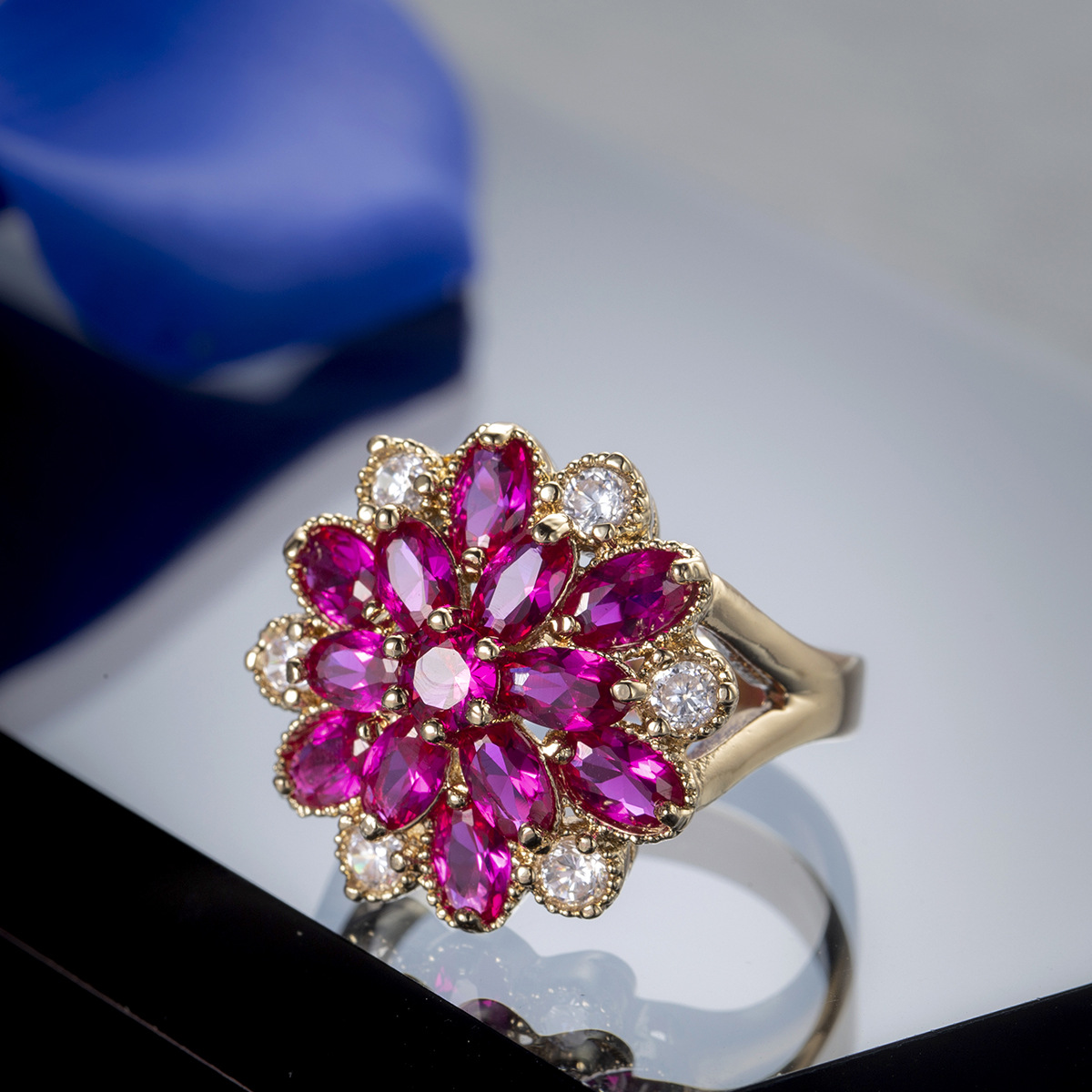Copper Plated Real Gold Red Corundum Large Flower Ring Women's Zircon Jewelry