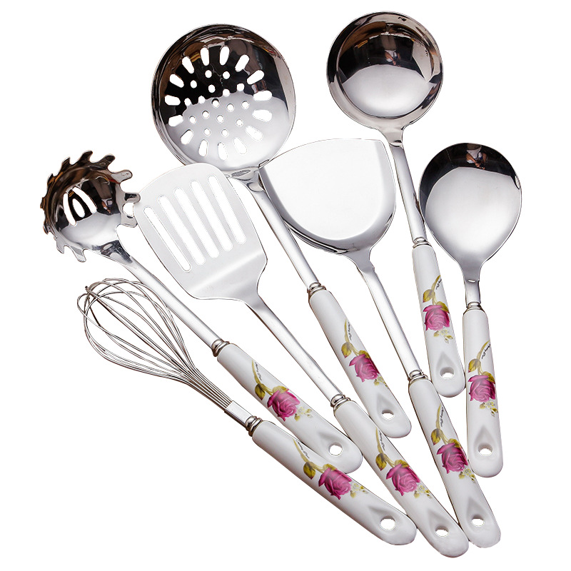 Ceramic handle stainless steel spatula kitchenware set, spatula, soup spoon, anti-slip, high temperature resistant, anti-scald, kitchen, home, hotel