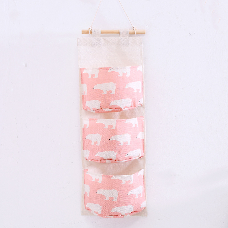 Grid Linen Storage Hanging Pouch with Three Pockets, Door Organizer, Simple Hanging Storage Pouch
