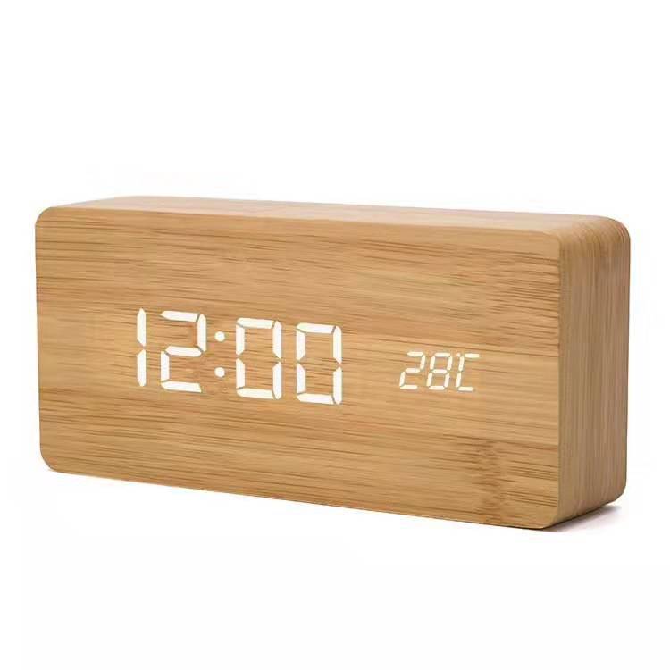 Voice-activated LED wooden clock, simple multi-functional rectangular temperature digital display electronic alarm clock, rectangular