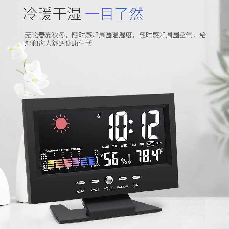 Smart Weather Electronic Alarm Clock LED Color Screen Weather Display Temperature Humidity Calendar Voice-activated Night Light Clock Gift