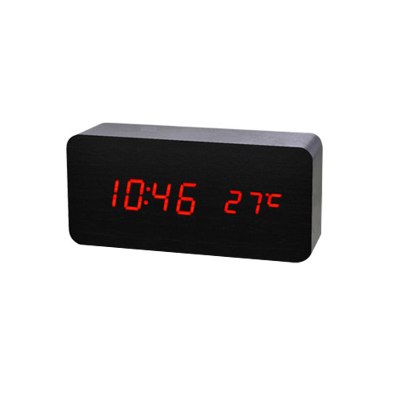Voice-activated LED wooden clock, simple multi-functional rectangular temperature digital display electronic alarm clock, rectangular