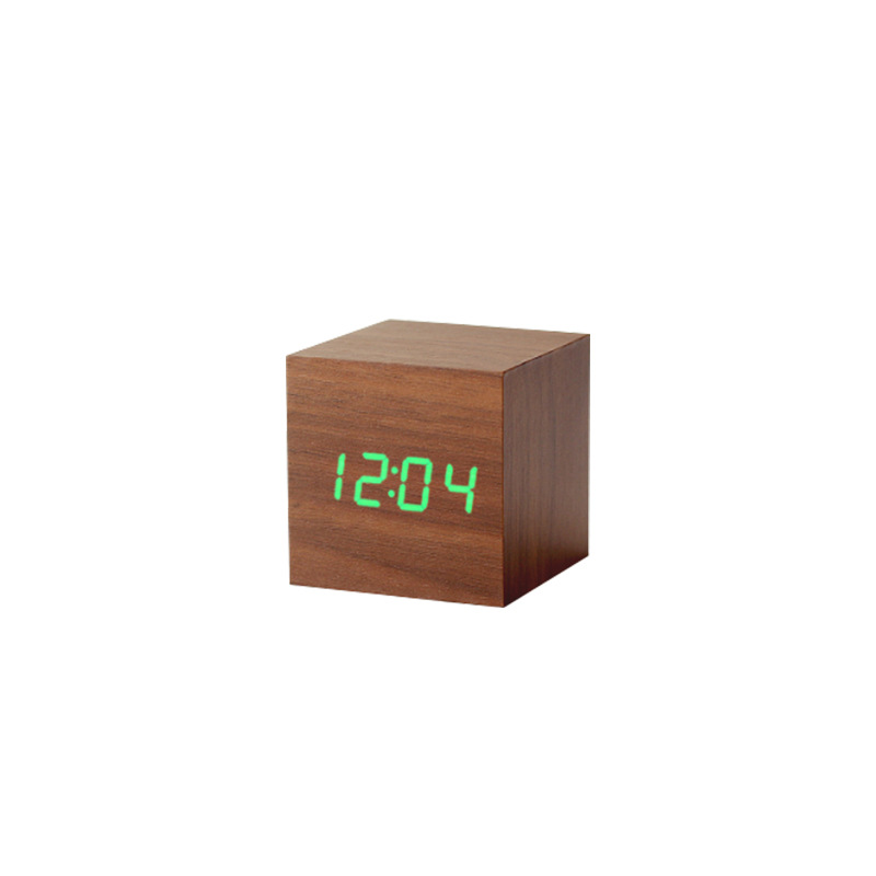 Desk Clock LED Wooden Clock Electronic Clock Mini Square Small Alarm Clock Digital Clock Thermometer Bedside Clock