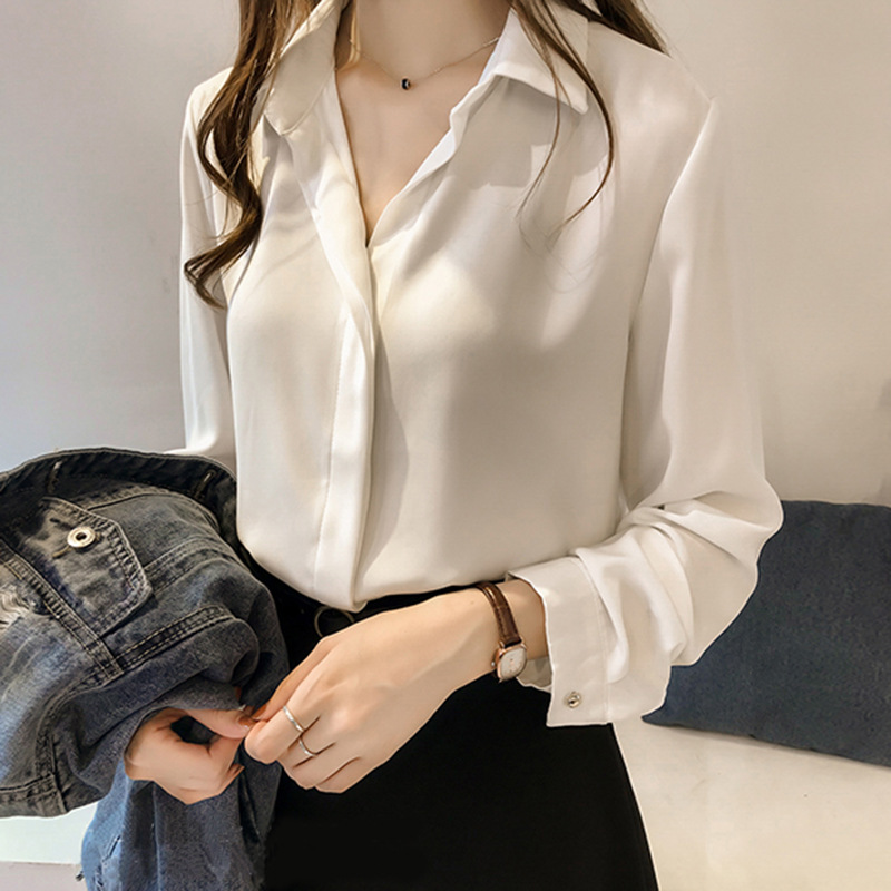 New Student Chiffon White Shirt Women Long Sleeve Loose Plus Size Blouse Top