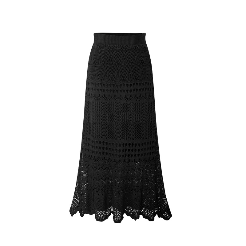 Skirt women spring and autumn 200 jin high waist loose plus size crochet hollow knit hip-hugging mid-length skirt women 90cm