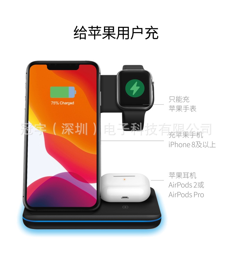 Three-in-one wireless charger vertical desktop stand wireless charger for phones watches earphones fast charging 15W