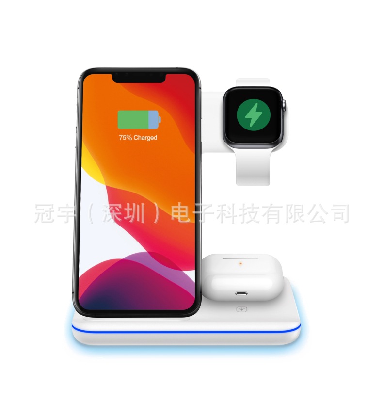 Three-in-one wireless charger vertical desktop stand wireless charger for phones watches earphones fast charging 15W
