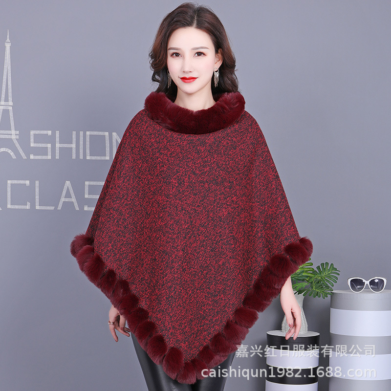 H·SUN Street Style Warp Knit Polyester Fiber Pullover Poncho Cape Imitation Rabbit Fur Collar Scarf Wear