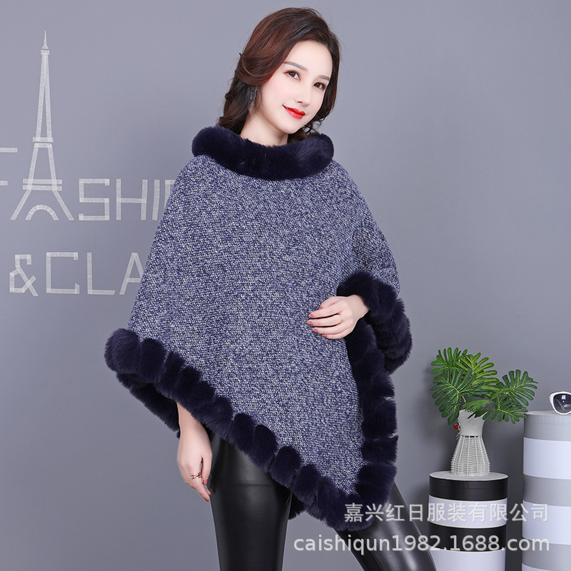 H·SUN Street Style Warp Knit Polyester Fiber Pullover Poncho Cape Imitation Rabbit Fur Collar Scarf Wear