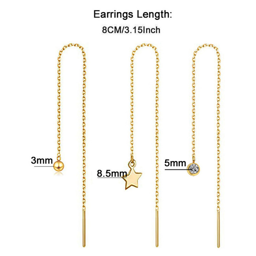Titanium steel tassel star ear threads, minimalist crystal ball metal bar pendant long ear threads earrings