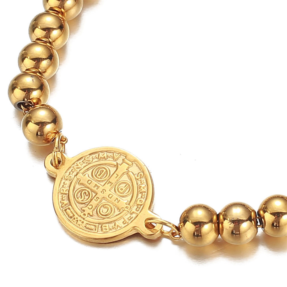 Stainless steel minimalist gold bead bracelet with Western figure round coin pendant, stainless steel bead bracelet