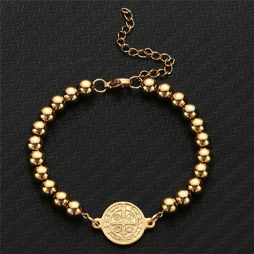 Stainless steel minimalist gold bead bracelet with Western figure round coin pendant, stainless steel bead bracelet