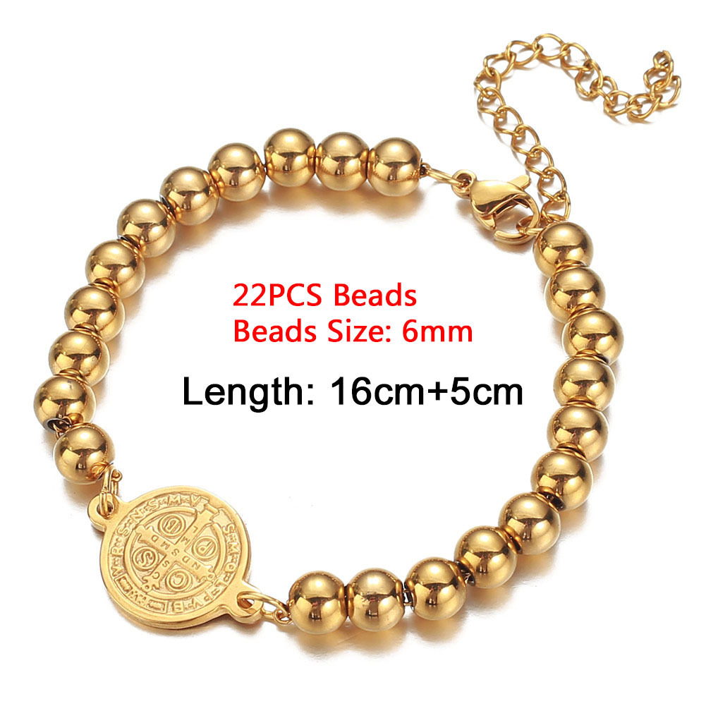 Stainless steel minimalist gold bead bracelet with Western figure round coin pendant, stainless steel bead bracelet