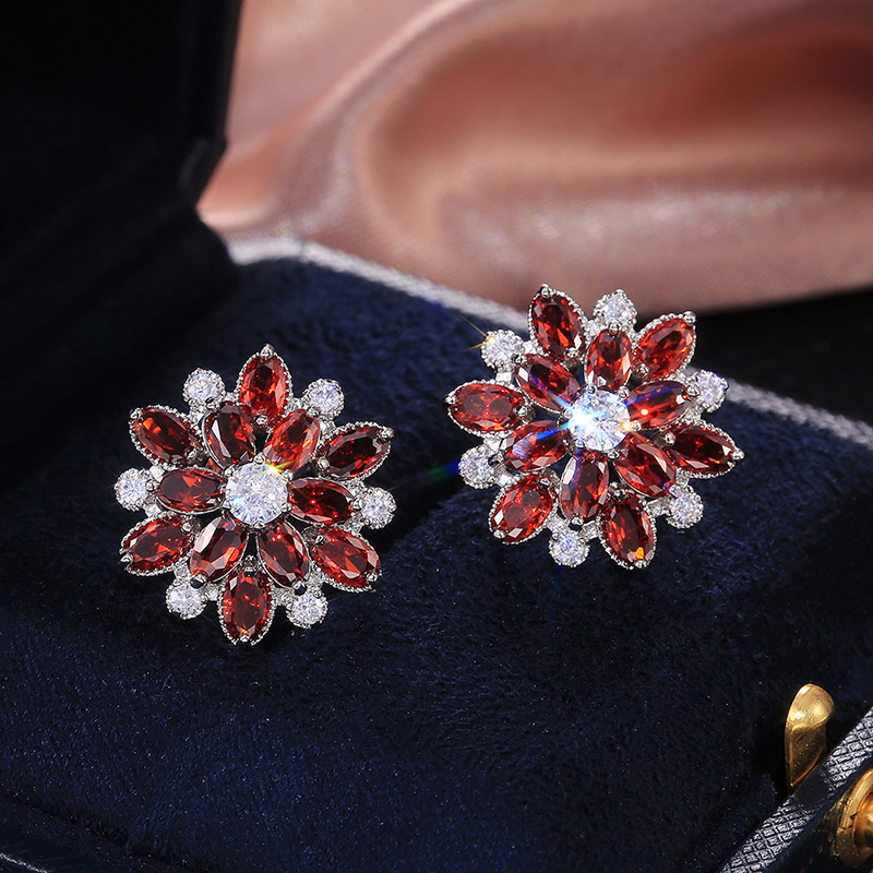 Cao Shi eBay New Luxurious Sunflower Double-Layer Zircon Women's Earrings Women's Copper Ear Accessories