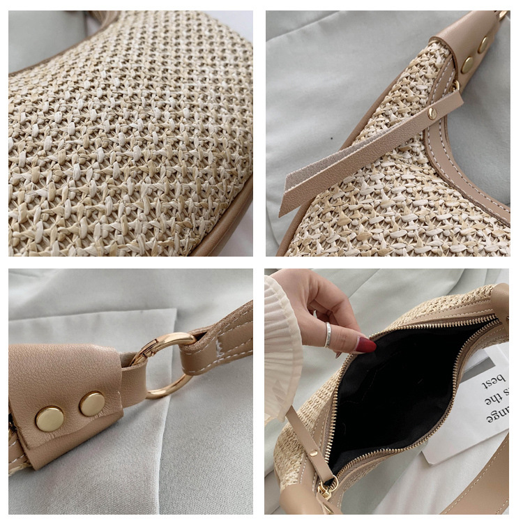 Simple 2023 New Straw Pillow Bag Summer Beach Single-Shoulder Handbag Vacation Woven Underarm Bag