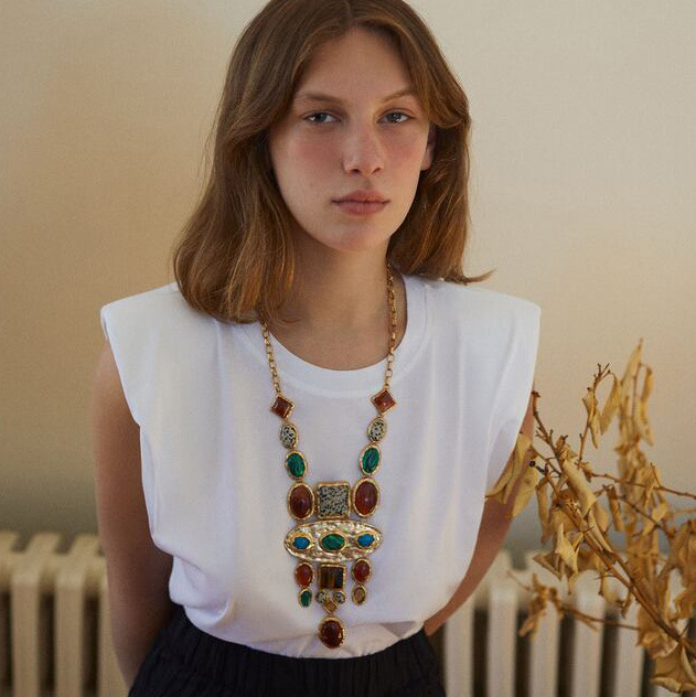 Wind ZA Baroque geometric gem long necklace court style sweater chain