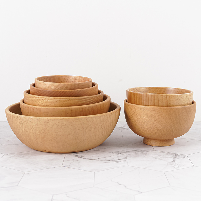 Beech Wood Home Rice Bowl Japanese Wooden Bowl Customizable Engraved Logo Kitchen Tableware Solid Wood Bowl