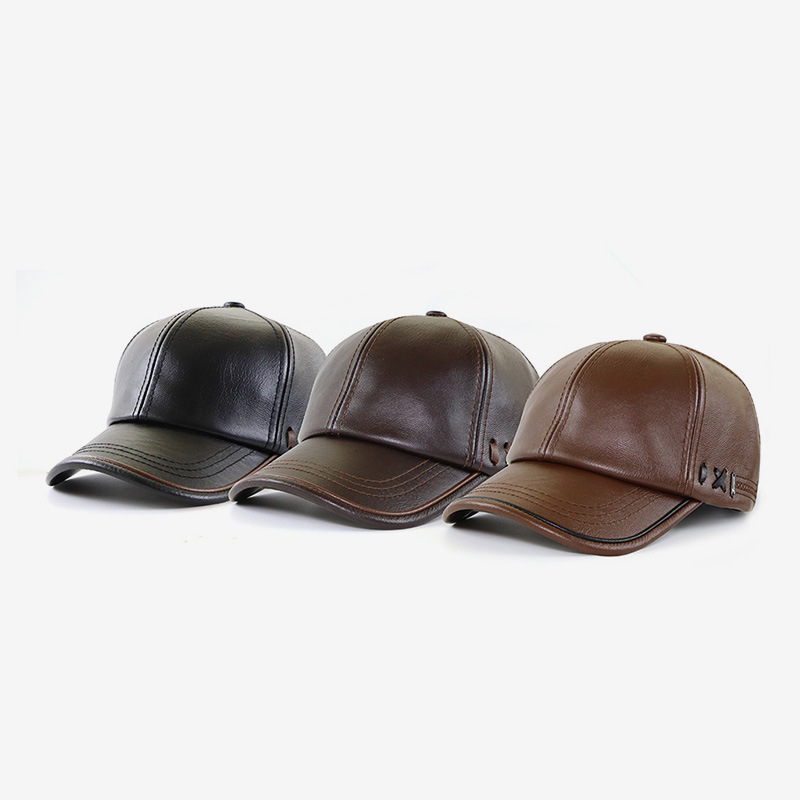 Autumn/winter PU leather cap for middle-aged and elderly, new fleece-lined warm men's outdoor baseball cap