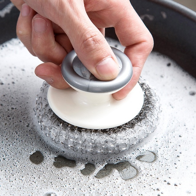 Practical stainless steel handle cleaning ball, kitchen supplies, dishwashing brush, steel wool pot cleaning brush