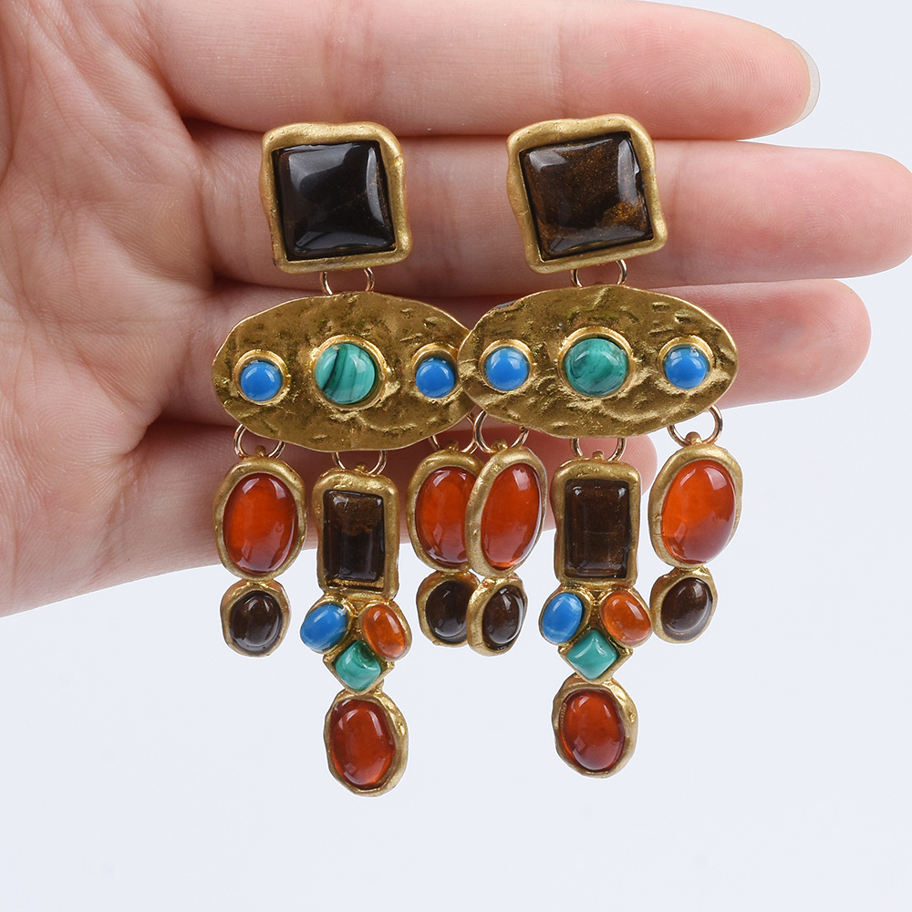 Big brand ZA Baroque style luxury mixed gem geometric pendant earrings
