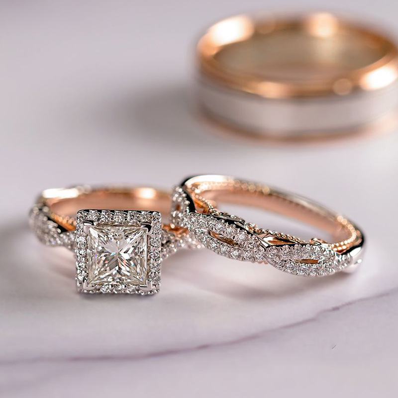 Cao Shi Three-Piece Ring Set Rose Gold Two-Tone Shining Zircon Ring Women's Luxurious Engagement Ring