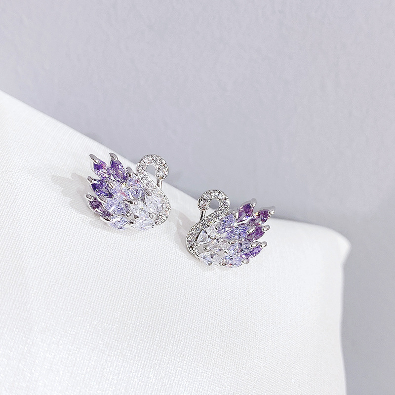 Fluffy duck S925 silver needle ear studs earrings forest style women swan zircon earrings small accessories