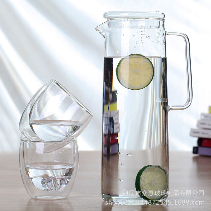 Household thickened large capacity heat-resistant glass cold water straight body tea pot, bamboo lid heat-resistant juice steel lid water pitcher
