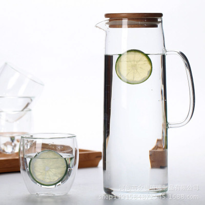 Household thickened large capacity heat-resistant glass cold water straight body tea pot, bamboo lid heat-resistant juice steel lid water pitcher