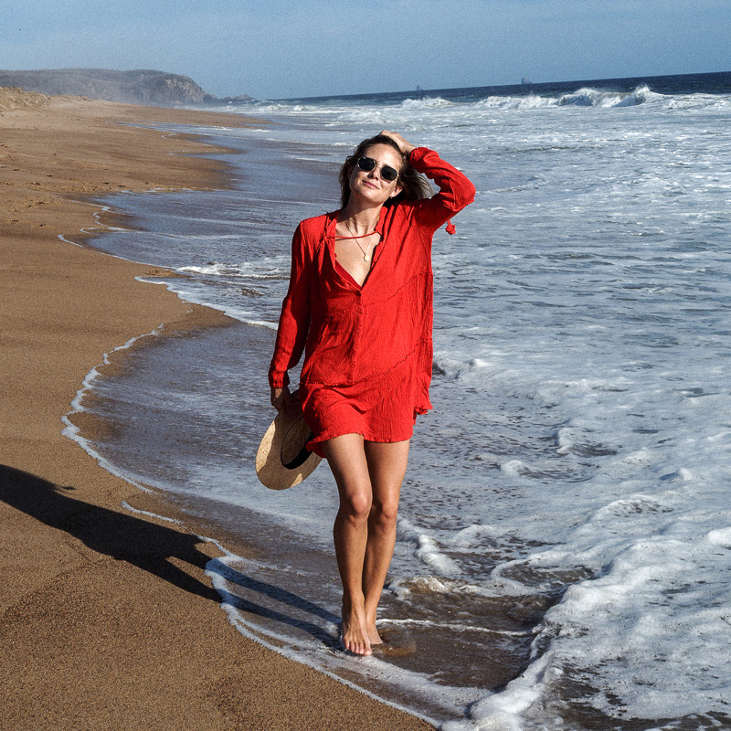 Rayon crinkle vertical stripe lace long sleeve beach sun protection women's loose bikini cover-up