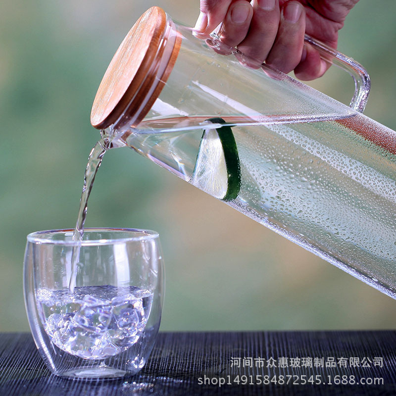 Household thickened large capacity heat-resistant glass cold water straight body tea pot, bamboo lid heat-resistant juice steel lid water pitcher