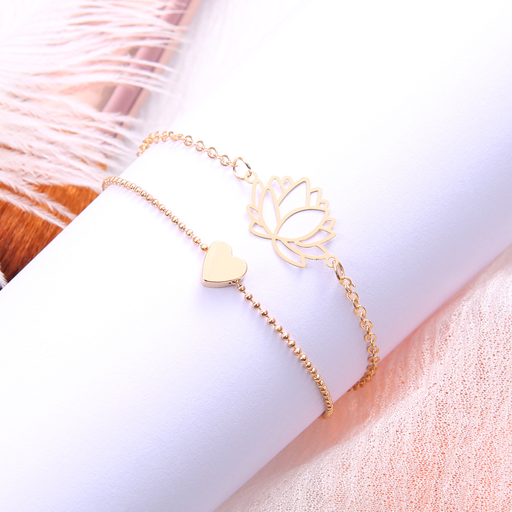 New minimalist women's hollow lotus and heart bracelet set of 2 pieces