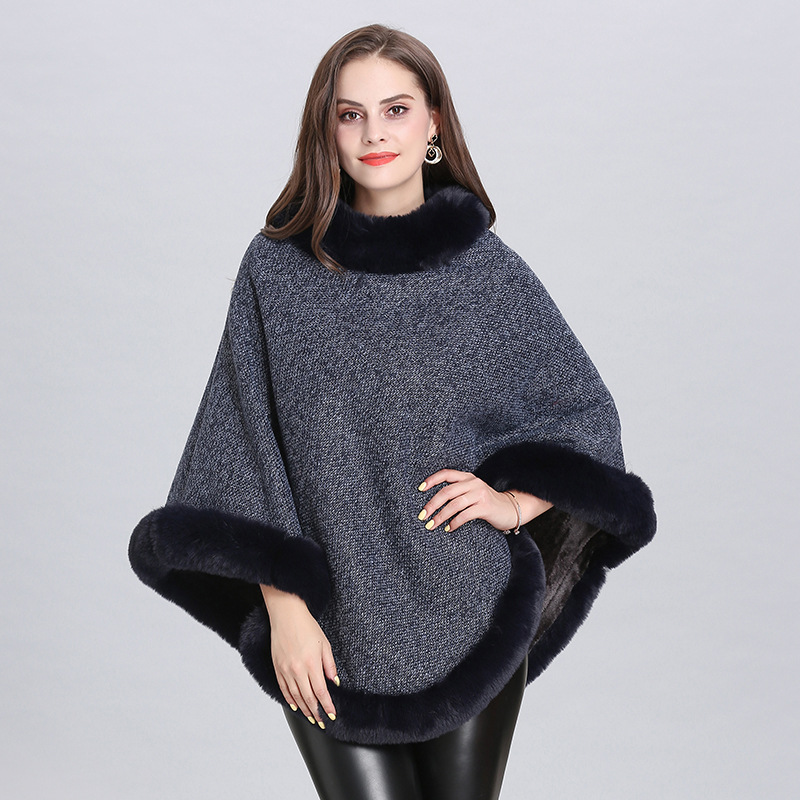 2021 New Imitation Fox Fur Collar Fleece Lined Round Neck Pullover Cape Knitted Cape Shawl Women 1522#