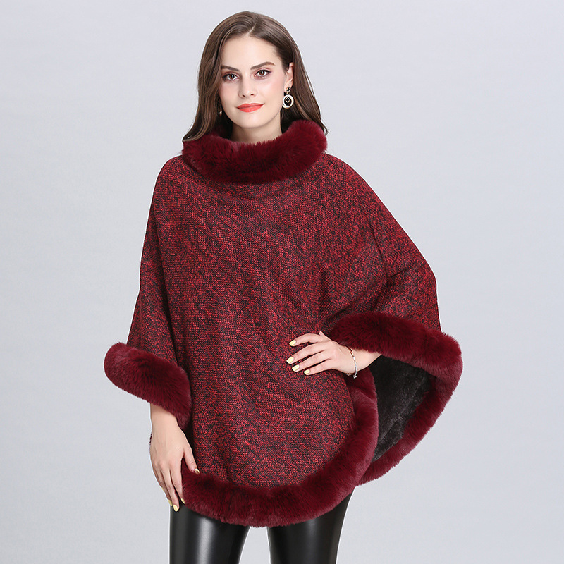 2021 New Imitation Fox Fur Collar Fleece Lined Round Neck Pullover Cape Knitted Cape Shawl Women 1522#