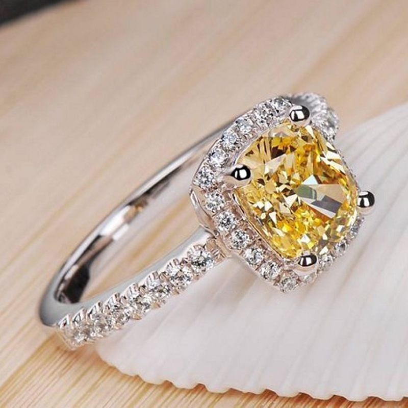 JZ008 High simulation diamond gold-plated ring women's ladies colorful yellow carat cushion square diamond wedding ring marriage